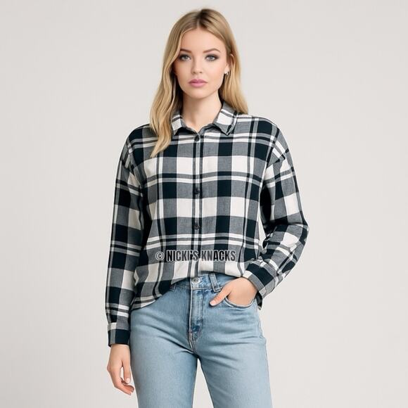 Sanctuary Nordic Plaid Cropped Button Down Long Sleeve Cotton Shirt Size S - Picture 1 of 10